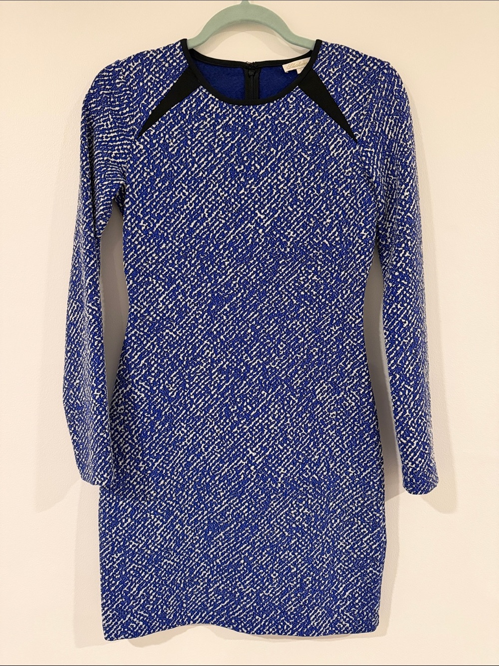 Shoshanna Blue and Black Long-Sleeve Patterned Sheath Dress
